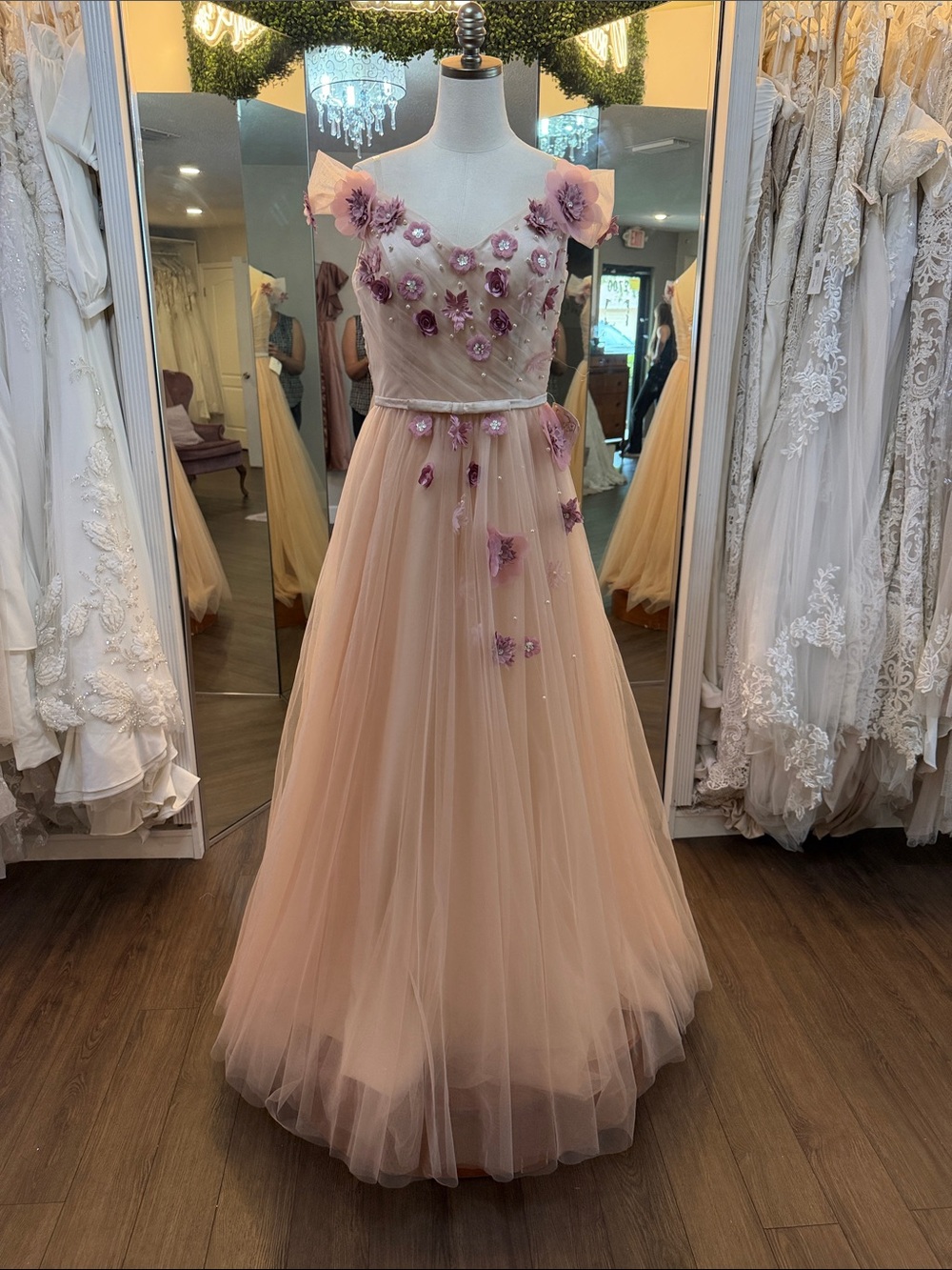 Blush Pink Tulle Gown with Mauve 3D Floral Appliqués